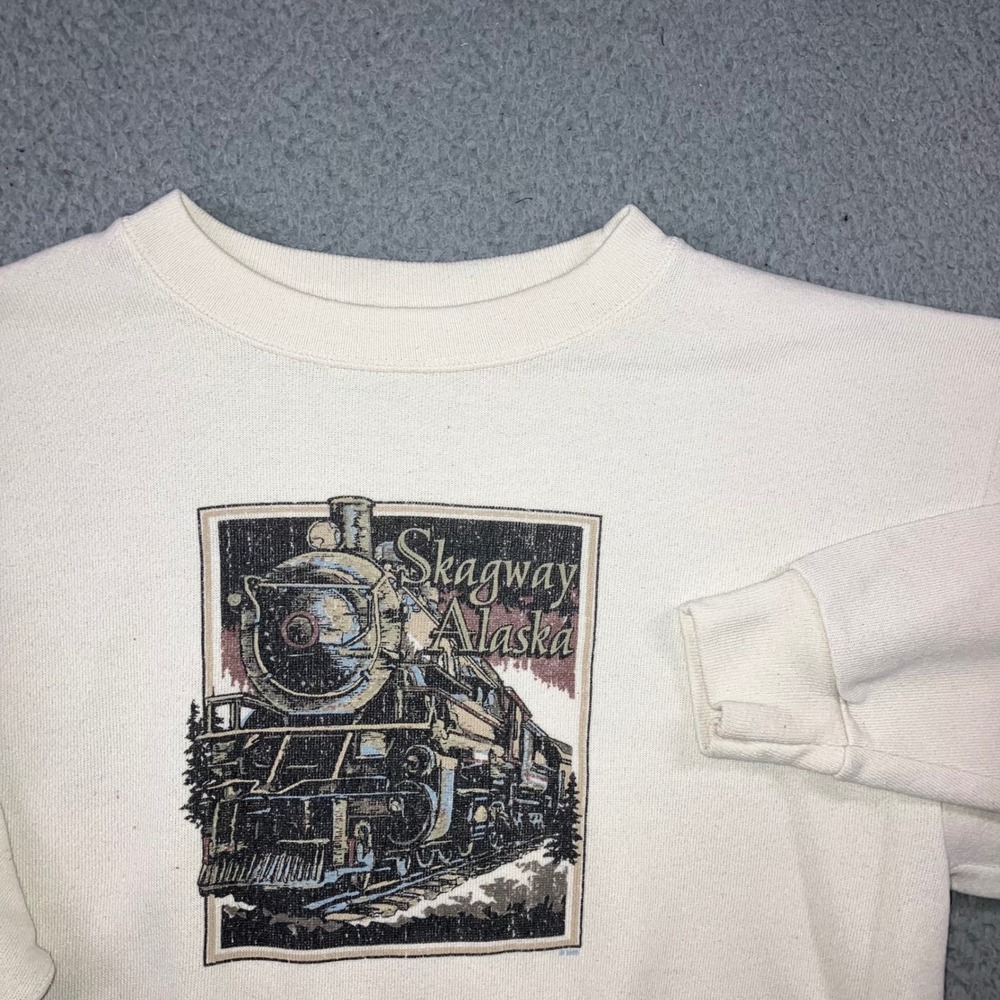 Vintage Skagway Alaska Train Sweatshirt Mens L Cream Retro Graphic Thrashed